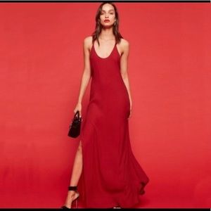 deep red reformation backless dress